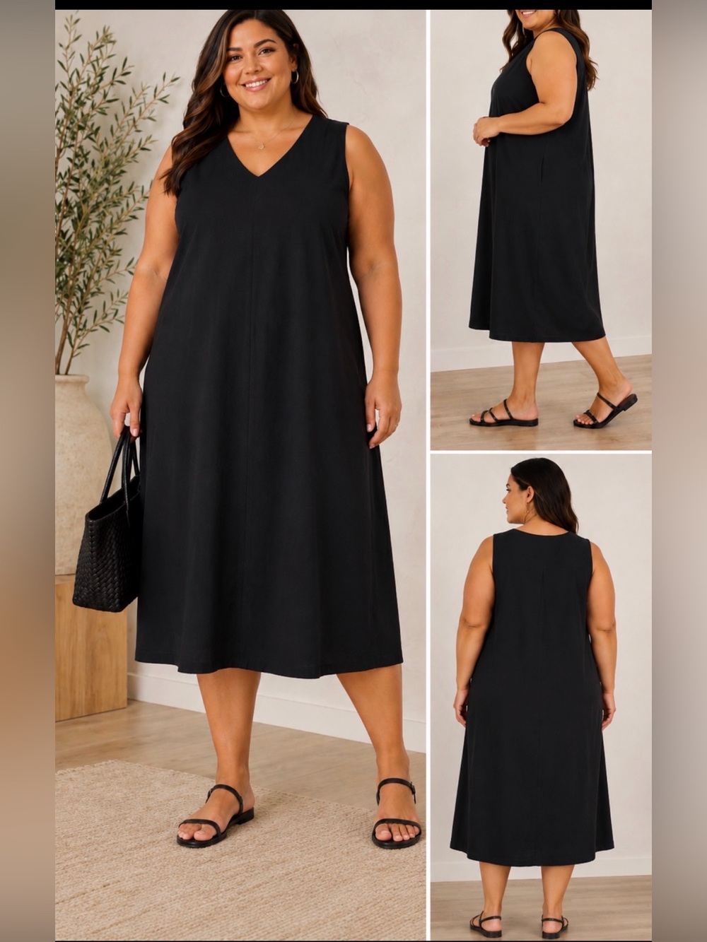 DKNY Black Sleeveless Midi Shift Dress Minimalist V Neck L NWT